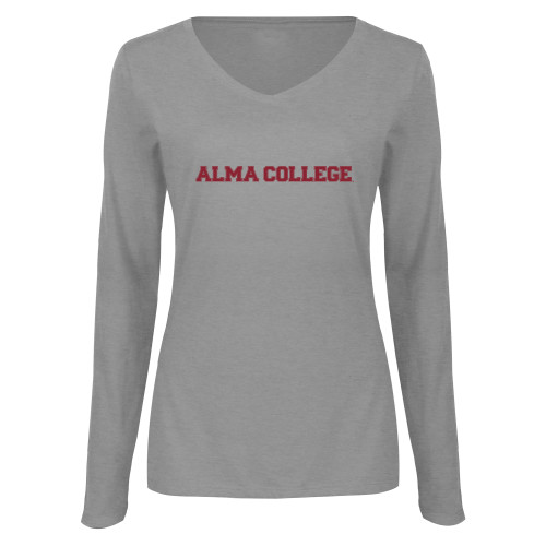 Womens Grey Long Sleeve V Neck Tee -Alma College Wordmark
