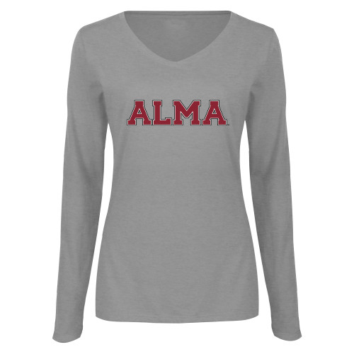 Womens Grey Long Sleeve V Neck Tee -Alma College Alma Wordmark