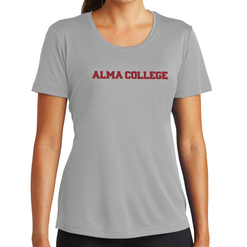 Womens Grey Performance Short Sleeve Tee-Alma College Wordmark