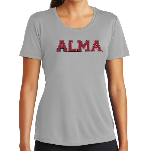 Womens Grey Performance Short Sleeve Tee-Alma College Alma Wordmark