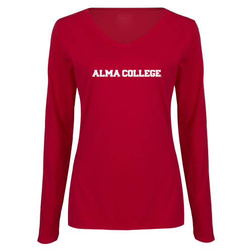 Womens Cardinal Long Sleeve V Neck Tee -Alma College Wordmark