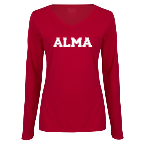 Womens Cardinal Long Sleeve V Neck Tee -Alma College Alma Wordmark