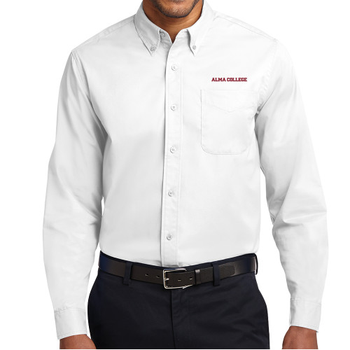 White Twill Button Down Long Sleeve-Alma College Wordmark