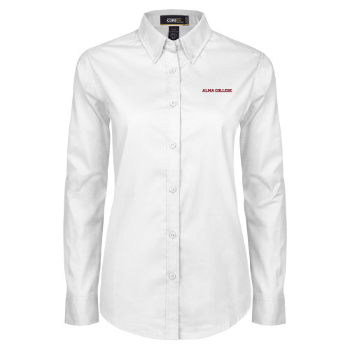 Womens White Twill Button Down Long Sleeve-Alma College Wordmark