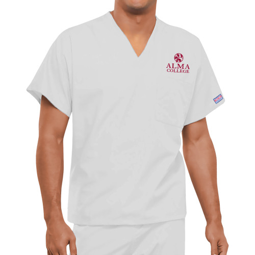 Unisex White WW Originals V Neck Scrub Top-Alma College Institutional Wordmark