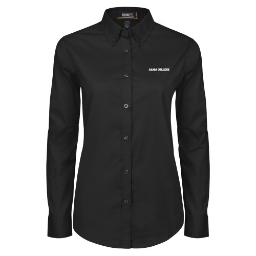 Womens Black Twill Button Down Long Sleeve -Alma College Wordmark
