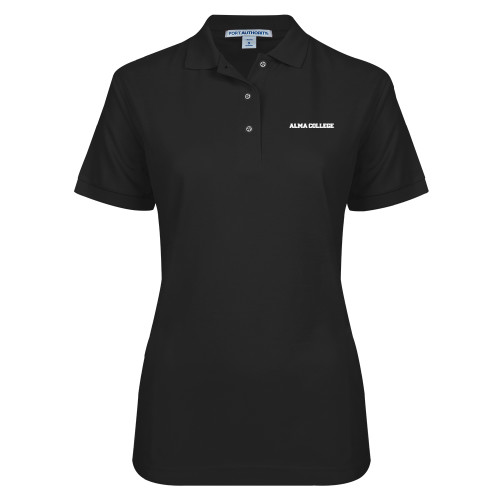 Womens Silk Touch Black Pique Polo-Alma College Wordmark