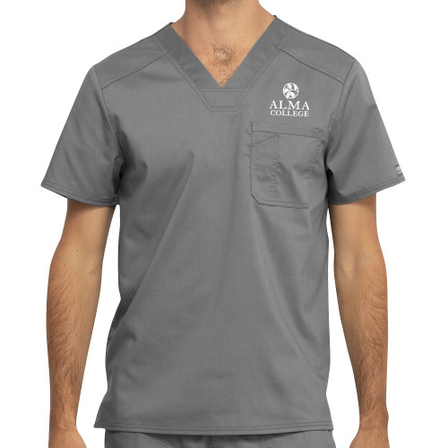 Mens Grey Revolution Scrub Top-Alma College Institutional Wordmark