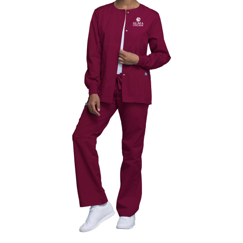 Womens Wine WW Originals Warm Up Scrub Jacket-Alma College Institutional Wordmark