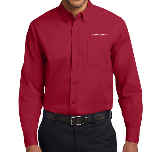 Twill Button Down Long Sleeve Cardinal-Alma College Wordmark