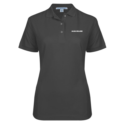 Womens Silk Touch Charcoal Pique Polo-Alma College Wordmark