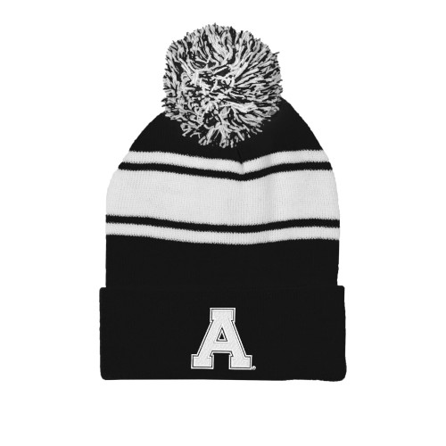 Black/White Two Tone Knit Pom Beanie w/Cuff-Alma College Athletic A