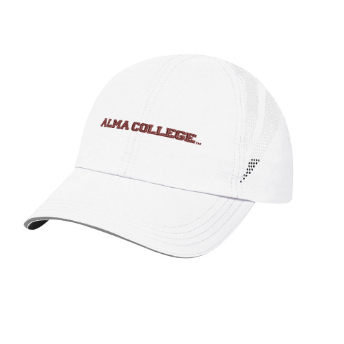 Womens White Performance Cap-Alma College Wordmark
