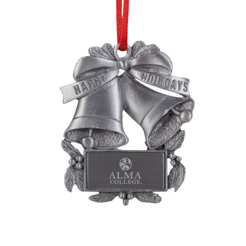 Pewter Holiday Bells Ornament-Alma College Institutional Wordmark Stacked Engraved