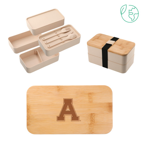 Stackable Bamboo Fiber Beige Bento Box-Alma College Athletic A Engraved
