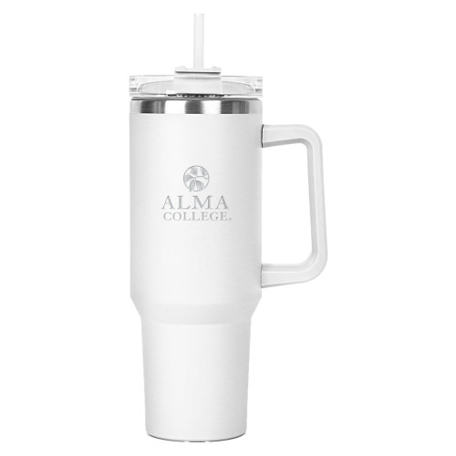 Hippo White Mug & Straw Lid with Twist Closure 40 oz-Alma College Institutional Wordmark Stacked Engraved