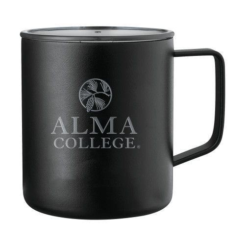 Rover Camp Vacuum Insulated Black Mug 14oz-Alma College Institutional Wordmark Stacked Engraved
