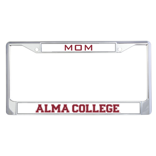 Mom Metal License Plate Frame in Chrome-Alma College Wordmark