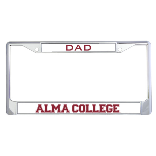 Dad Metal License Plate Frame in Chrome-Alma College Wordmark