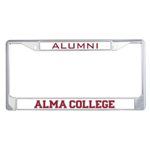 Alumni Metal License Plate Frame in Chrome-Alma College Wordmark