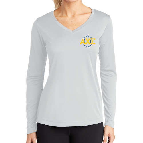Womens White Performance Long Sleeve V Neck Shirt-Official Fraternity Logo