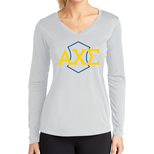 Womens White Performance Long Sleeve V Neck Shirt-Official Fraternity Logo