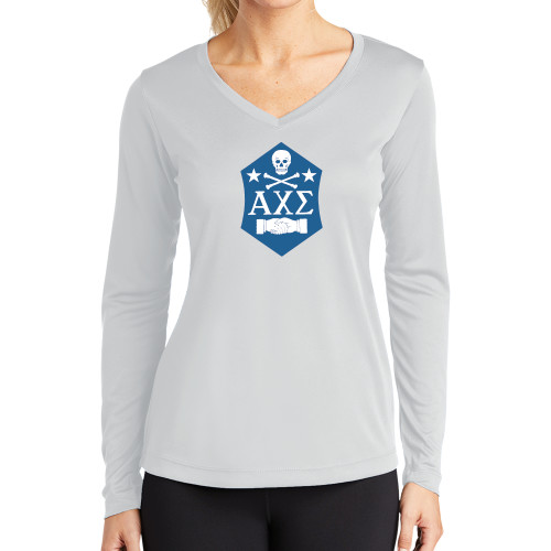 Womens White Performance Long Sleeve V Neck Shirt-Fraternity Badge