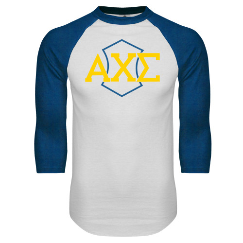 White/Royal Raglan Baseball T Shirt-Official Fraternity Logo