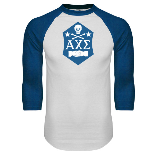 White/Royal Raglan Baseball T Shirt-Fraternity Badge