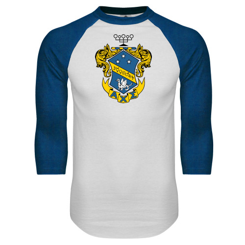 White/Royal Raglan Baseball T Shirt-Fraternity Crest