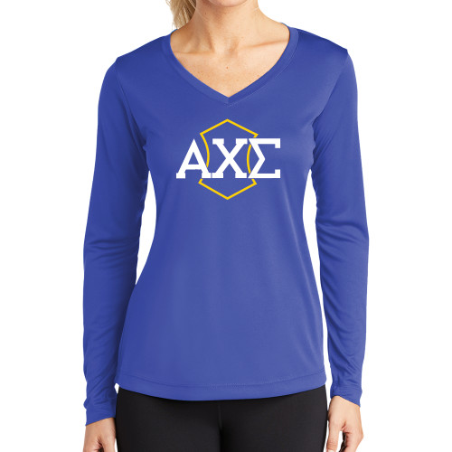 Womens Royal Performance Long Sleeve V Neck Shirt-Official Fraternity Logo