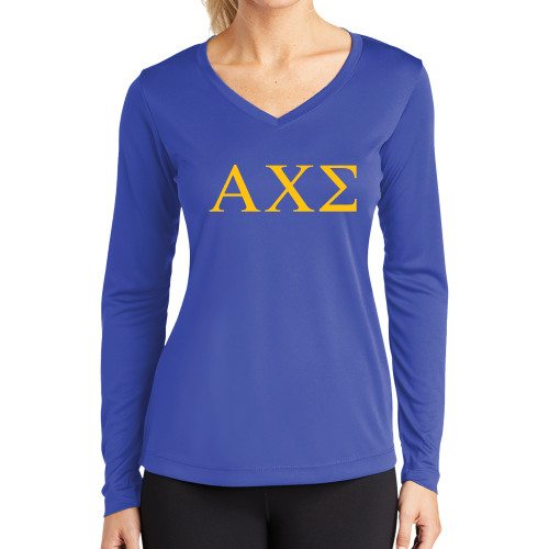 Womens Royal Performance Long Sleeve V Neck Shirt-Greek Letters