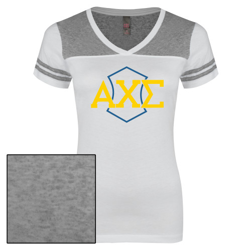 Womens White/Heather Grey Varsity V Neck Tee -Official Fraternity Logo