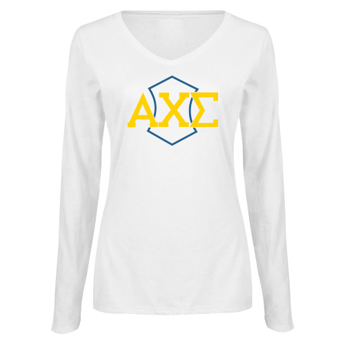 Womens White Long Sleeve V Neck Tee-Official Fraternity Logo