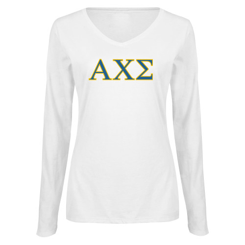 Womens White Long Sleeve V Neck Tee-Greek Letters