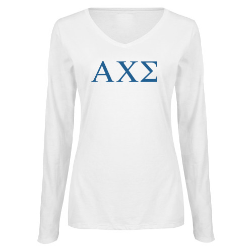 Womens White Long Sleeve V Neck Tee-Greek Letters