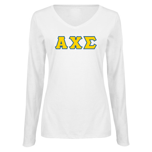 Womens White Long Sleeve V Neck Tee-Greek Letters