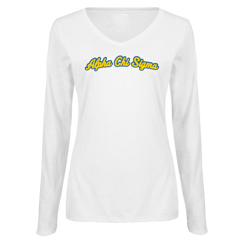 Womens White Long Sleeve V Neck Tee-Script