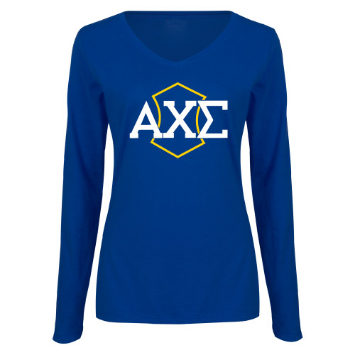 Womens Royal Long Sleeve V Neck Tee -Official Fraternity Logo