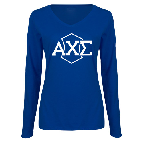 Womens Royal Long Sleeve V Neck Tee -Official Fraternity Logo