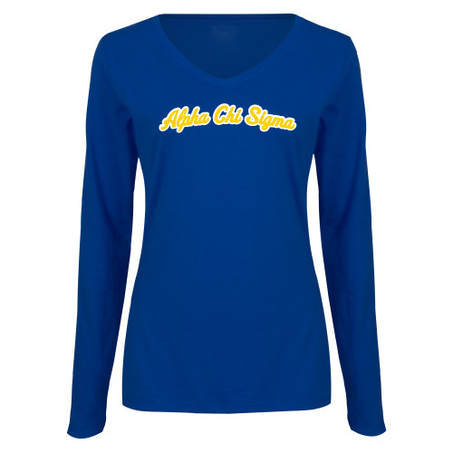 Womens Royal Long Sleeve V Neck Tee -Script