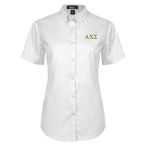 Womens White Twill Button Up Short Sleeve-Greek Letters
