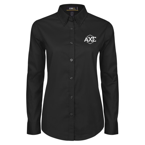 Womens Black Twill Button Down Long Sleeve -Official Fraternity Logo