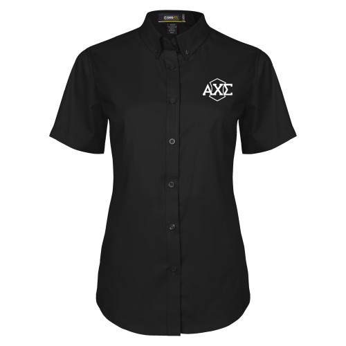 Womens Black Twill Button Up Short Sleeve-Official Fraternity Logo
