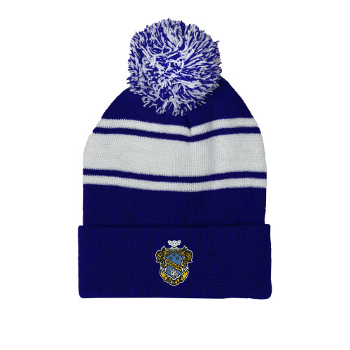 Royal/White Two Tone Knit Pom Beanie w/Cuff-Fraternity Crest