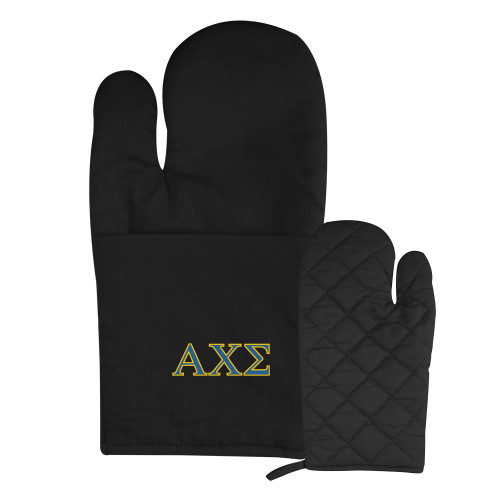  Quilted Canvas Black Oven Mitt - Greek Letters