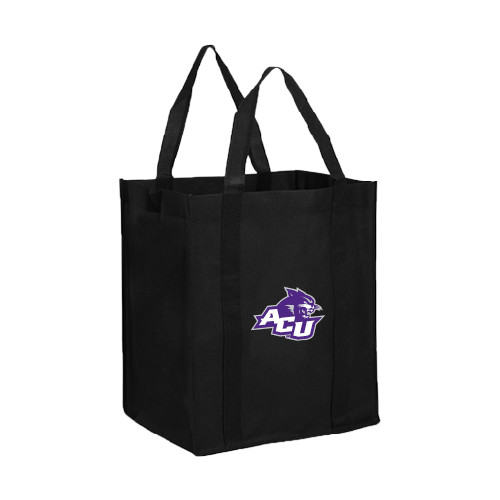  Non Woven Black Grocery Tote - Angled ACU w/Wildcat Head