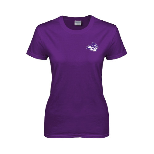  Womens Purple Short Sleeve Tee - Angled ACU w/Wildcat Head