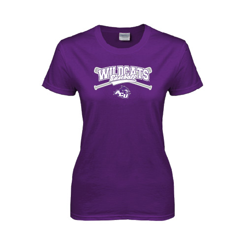  Womens Purple Short Sleeve Tee - Baseball Crossed Bats Design