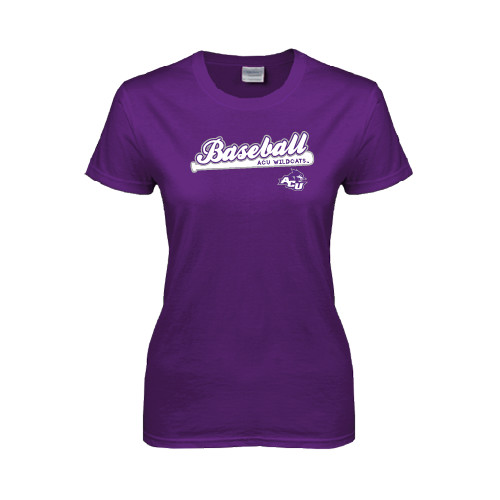  Womens Purple Short Sleeve Tee - Baseball Script w/ Bat Design